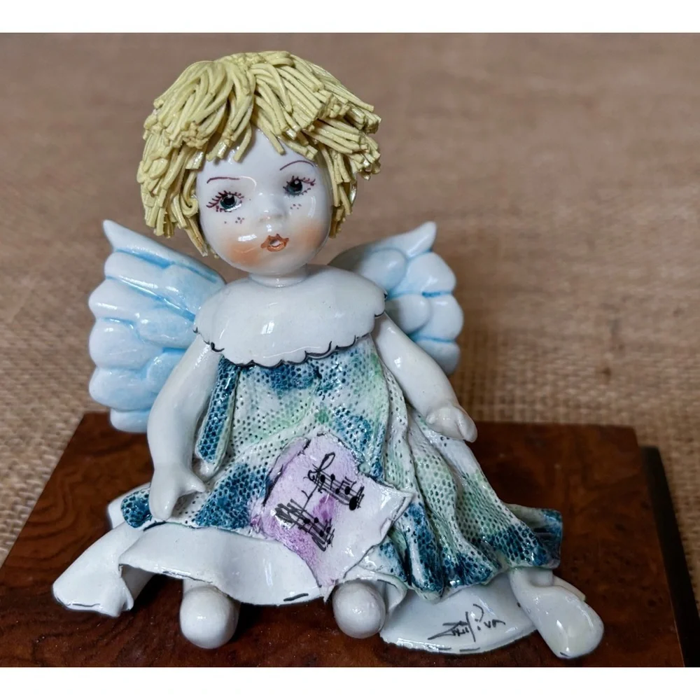 Signed Zampiva Porcelain Spaghetti Hair Angel Figurine Wood Mounted Italian